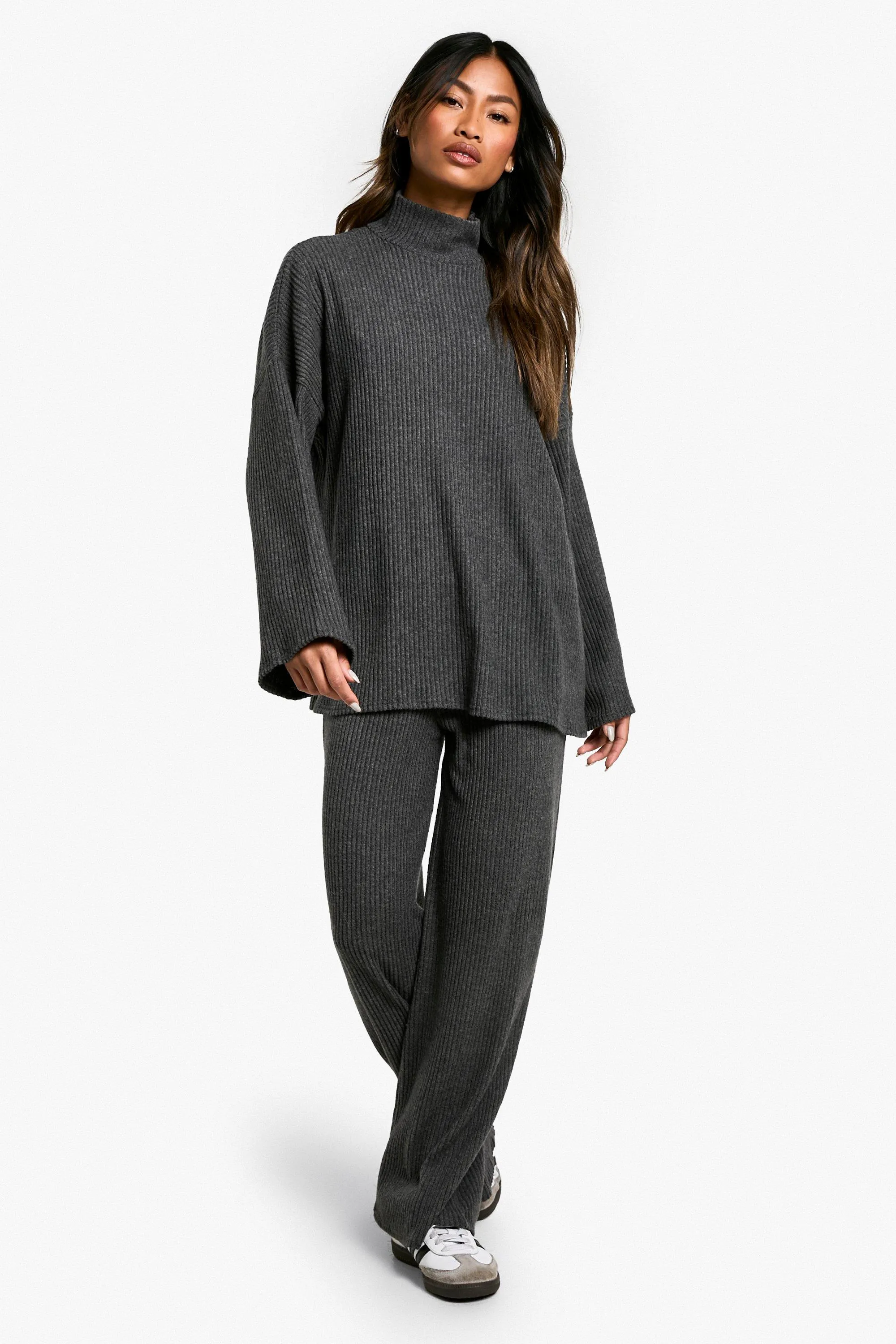 Brushed Rib High Neck Top And Wide Leg Pants Set