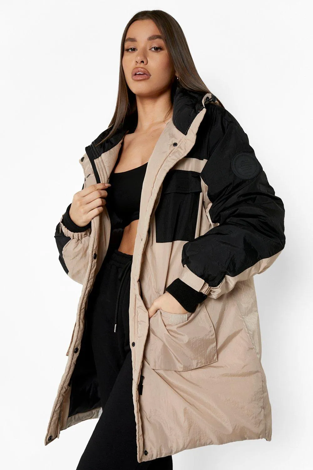 Hooded Panelled Parka Coat