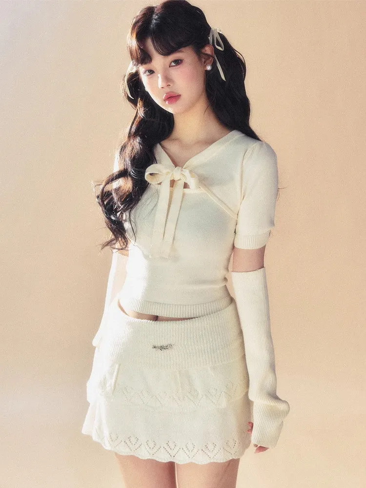 Set-Up Ribbon Chic Arm-Cover Punching Knit Tops＆Mini-Skirt
