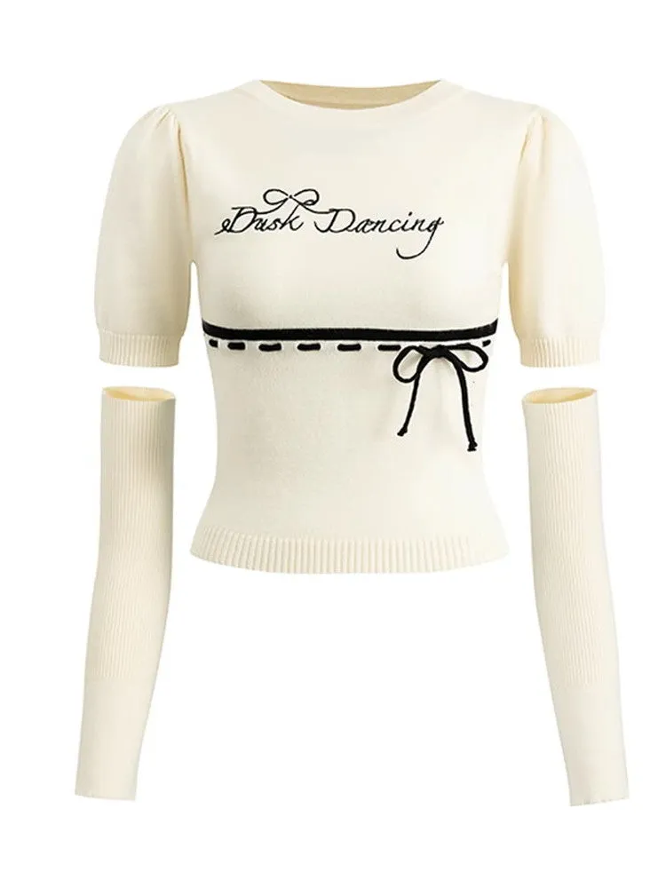 Set-Up Ribbon Chic Arm-Cover Punching Knit Tops＆Mini-Skirt